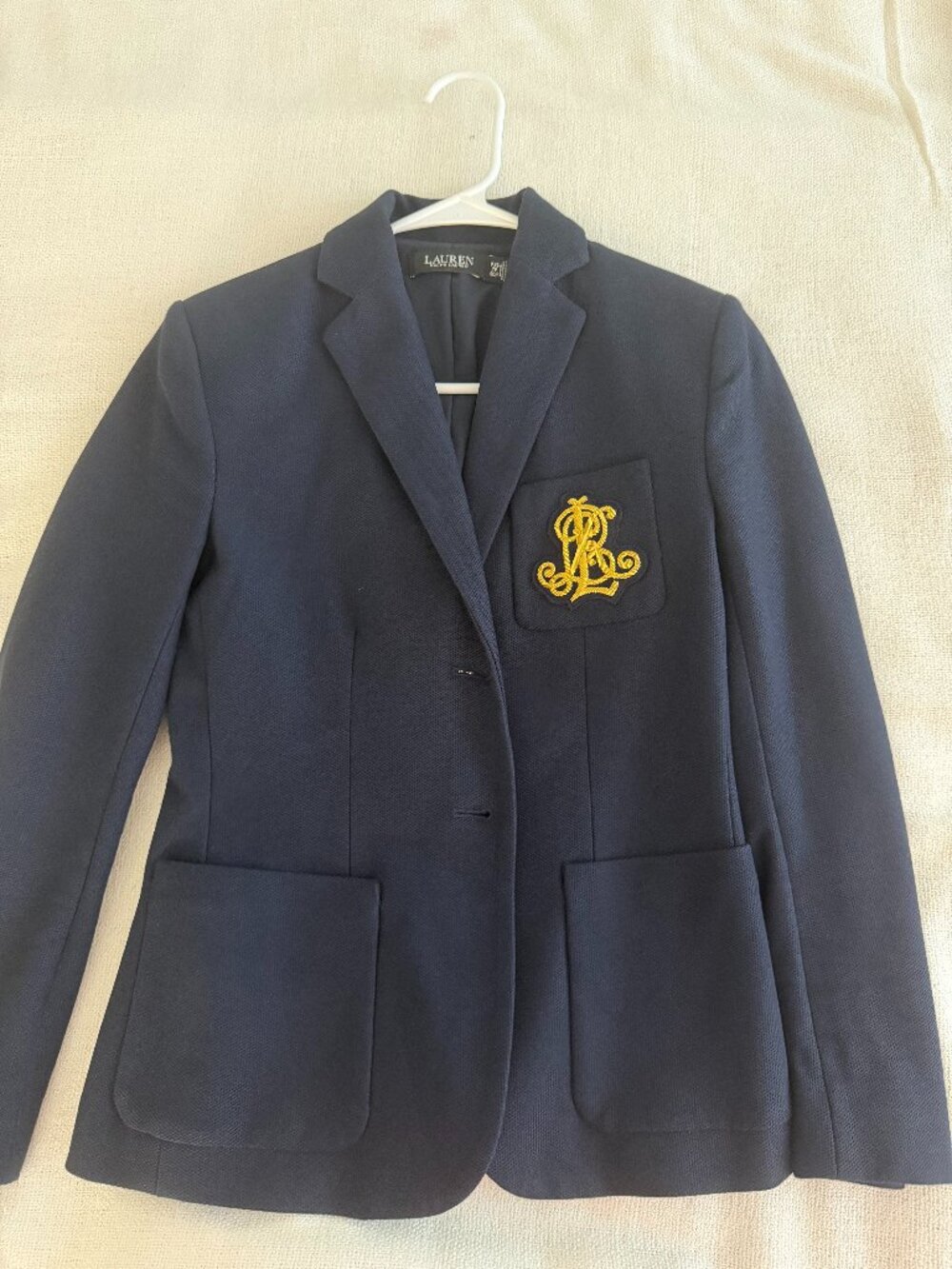 Lauren Ralph Lauren Navy Crest Blazer Jacket Gold Crest Patch Preppy Equestrian